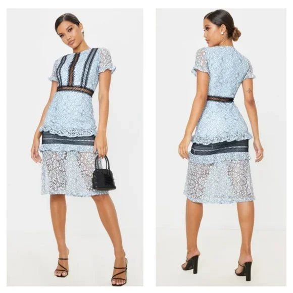 PrettyLittleThing | Dresses | Nwt Pretty Little Thing Blue Lace Ruffle Midi  Dress Size 8 | Poshmark